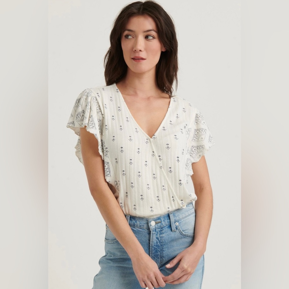 Lucky Brand Drop Needle Ruffle White Top, Size Small